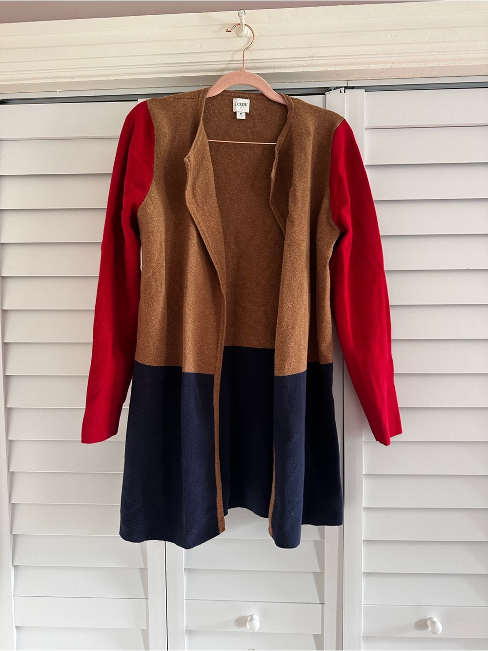 J. Crew Colorblock Open Front Long Cardigan - Red, Camel & Navy